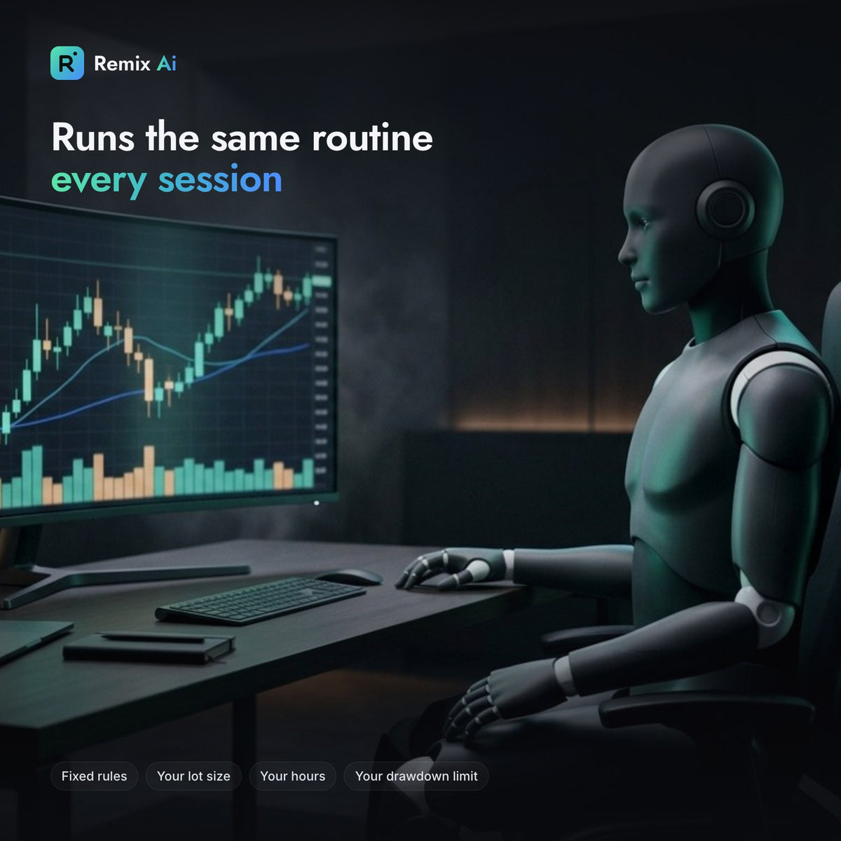 A humanoid robot at a desk watching a chart on a large monitor