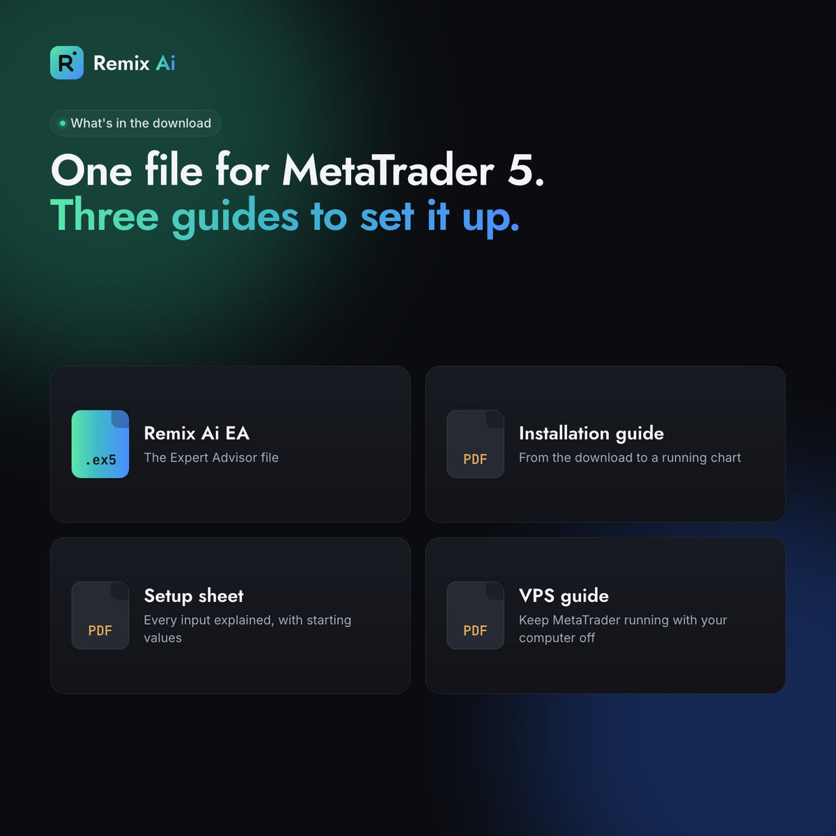 What's in the download: the .ex5 EA file, installation guide, setup sheet and VPS guide