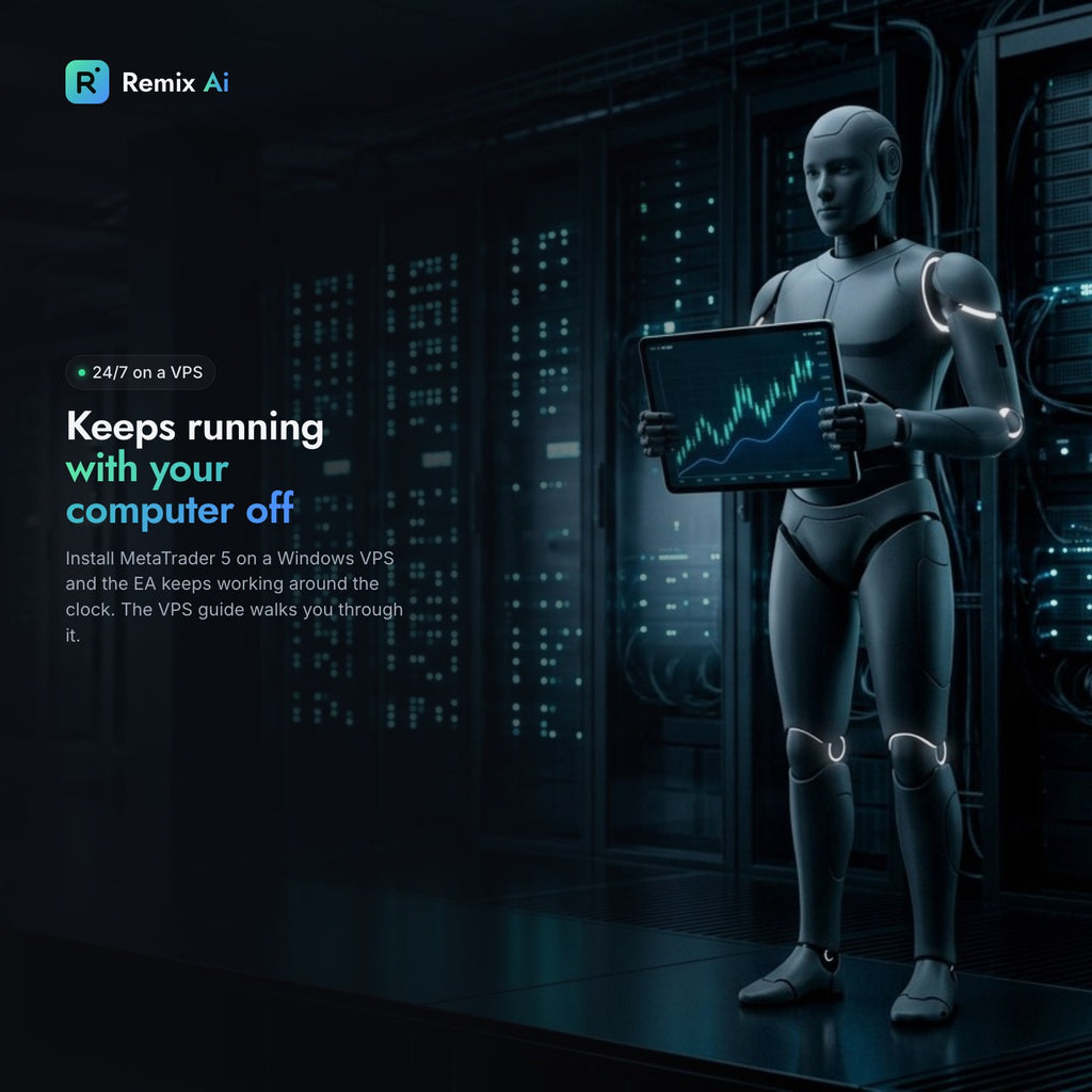 A humanoid robot holding a tablet with a chart in a server room