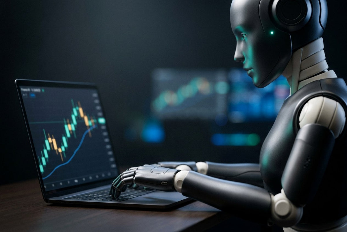 Un robot humanoide escribiendo en una laptop que muestra un gráfico en modo oscuro