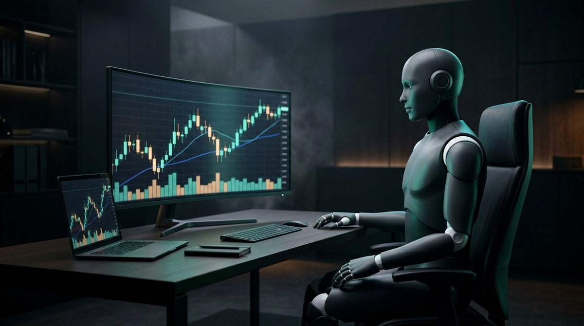 Un robot humanoide mirando un gráfico en un monitor grande y una laptop