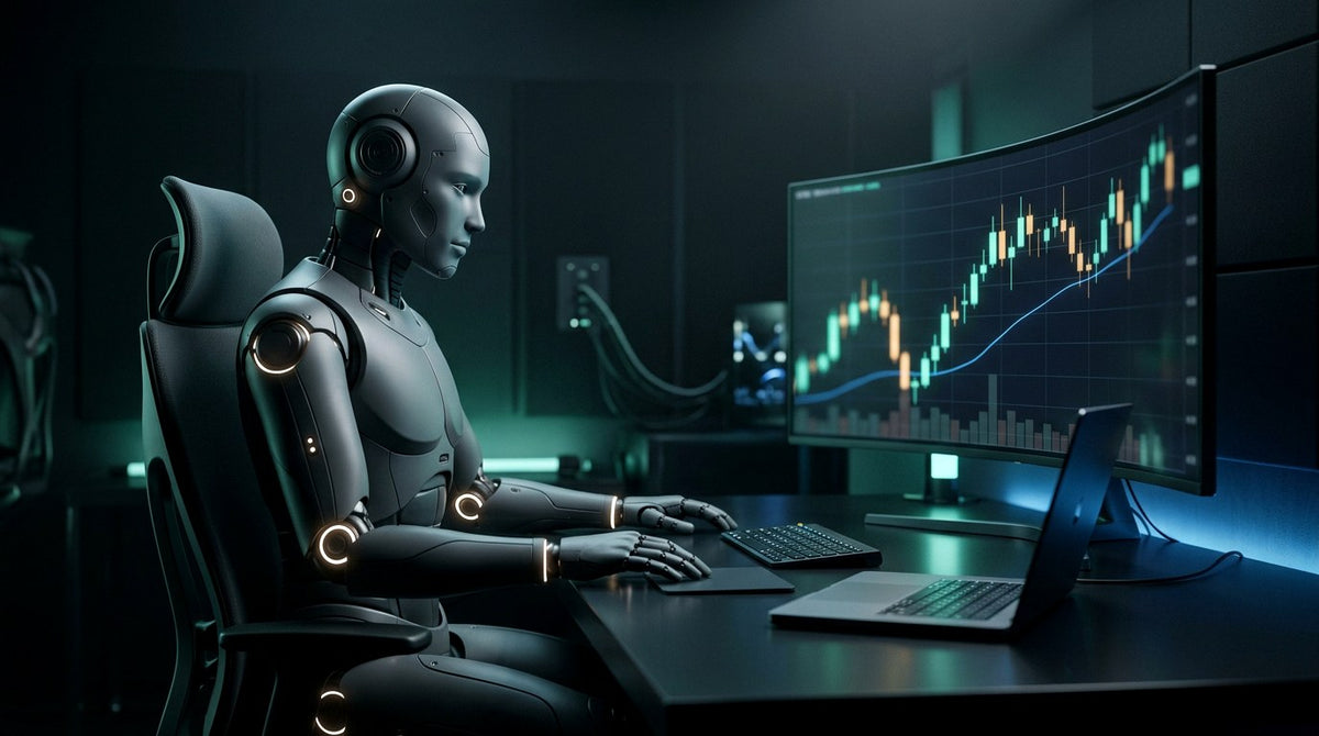 Un robot humanoide en un escritorio frente a un monitor curvo con un gráfico de precios