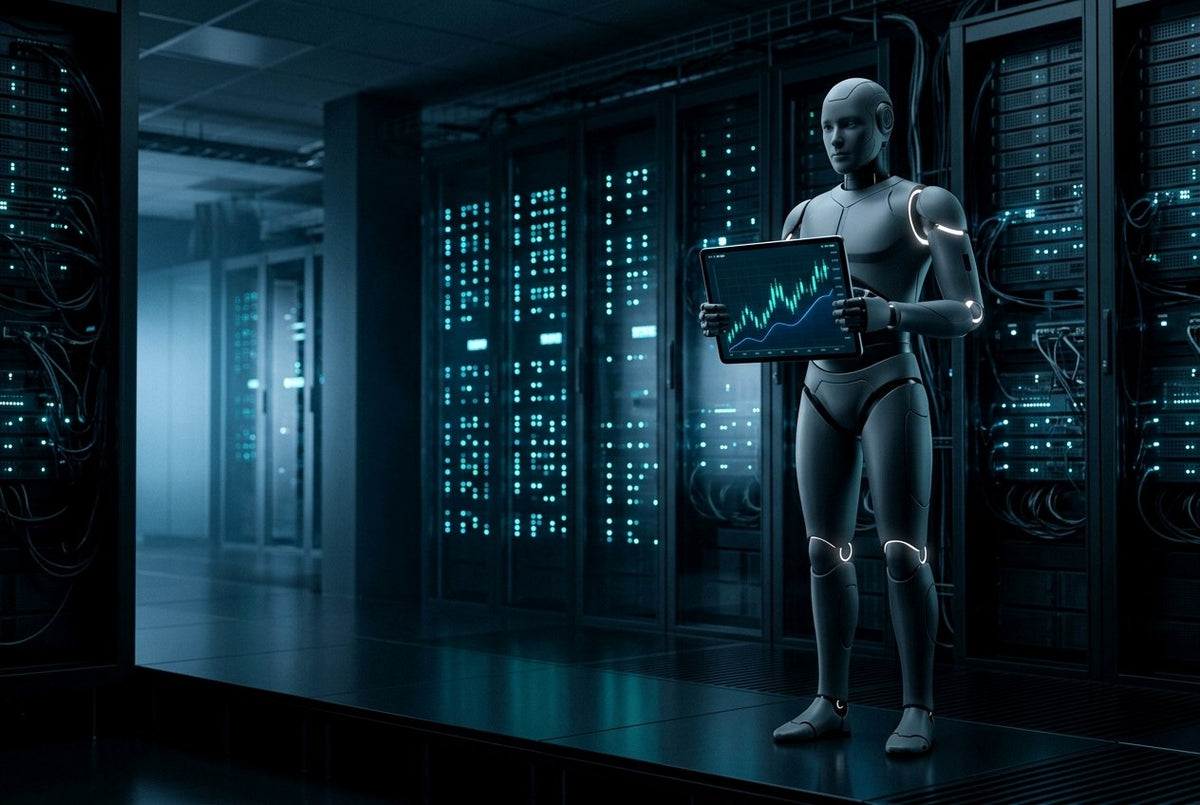 Un robot humanoide con una tableta con un gráfico en una sala de servidores